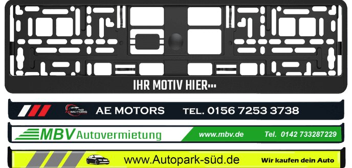 2er-Set Kennzeichenhalter Wunschtext/Logo für alle PKW´s Beschriftung  Bedruckt mit 8 Schrauben : : Auto & Motorrad
